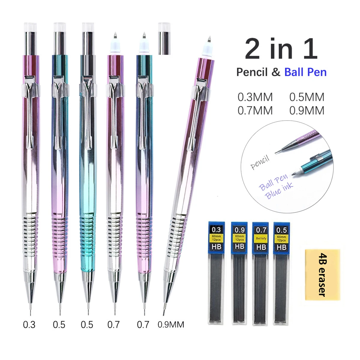 

Шариковая ручка 2-в-1 с двойными кончиками и механические карандаши 0,3/0,5/0,7/0,9 мм, 1 стержень, 1 ластик, для художественного рисования, эскизов
