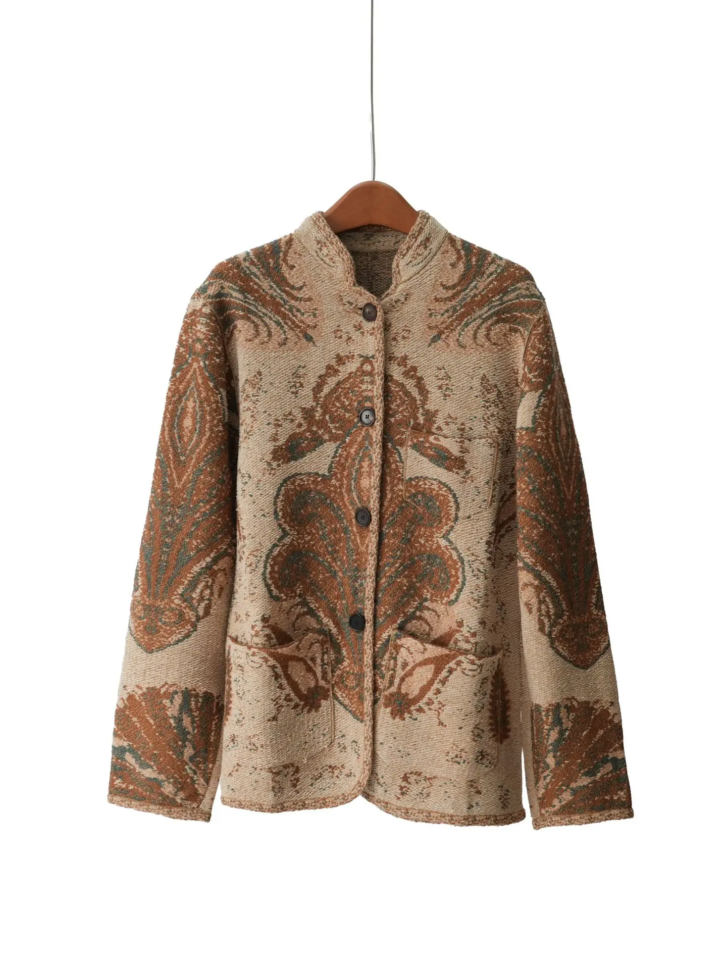 2026 Autumn New Arrival Cashmere Jacquard Stand Collar Jacket With High Waist Flared Skirt Retro Style Women'S Suit