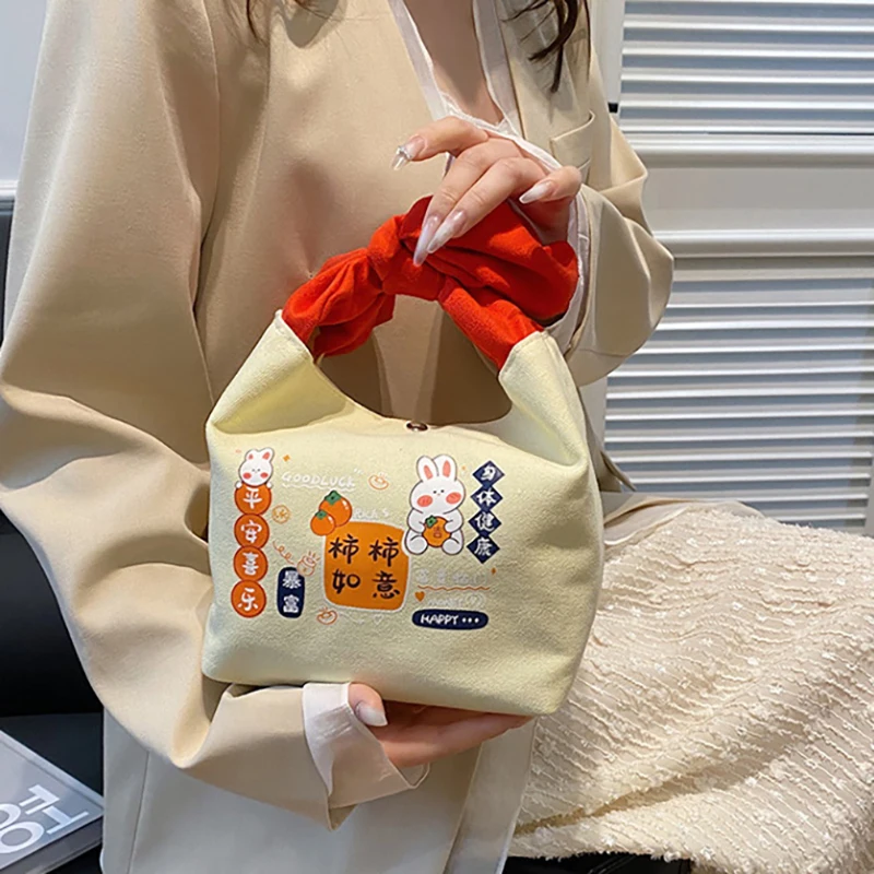 Cute Canvas Handbag Cartoon Small Bucket Bag Clutch Purse Bento Bag Office Worker Handbag Women Girls