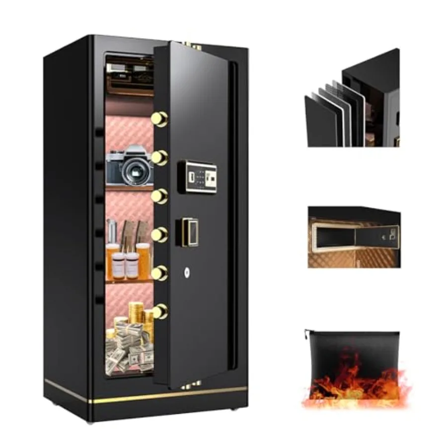 

Large Security Safe for Home Use - 8.1 Cu. Ft. Steel Waterproof Fireproof Safe in Black with Fingerprint Lock, 2 Removable Shel