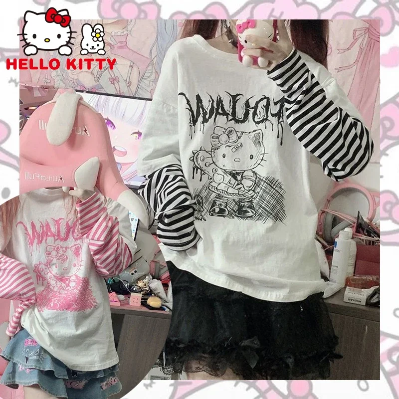 Hello Kitty kobiety sweter wiosna jesień cienkie ubrania Y2k rozrywka ulica Kawaii z długim rękawem Top Jumper bawełniana bluza płaszcz