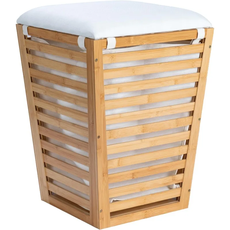 

Household Essentials Slatted Natural Bamboo Hamper with Cushioned Lid and Removable Cotton Bag