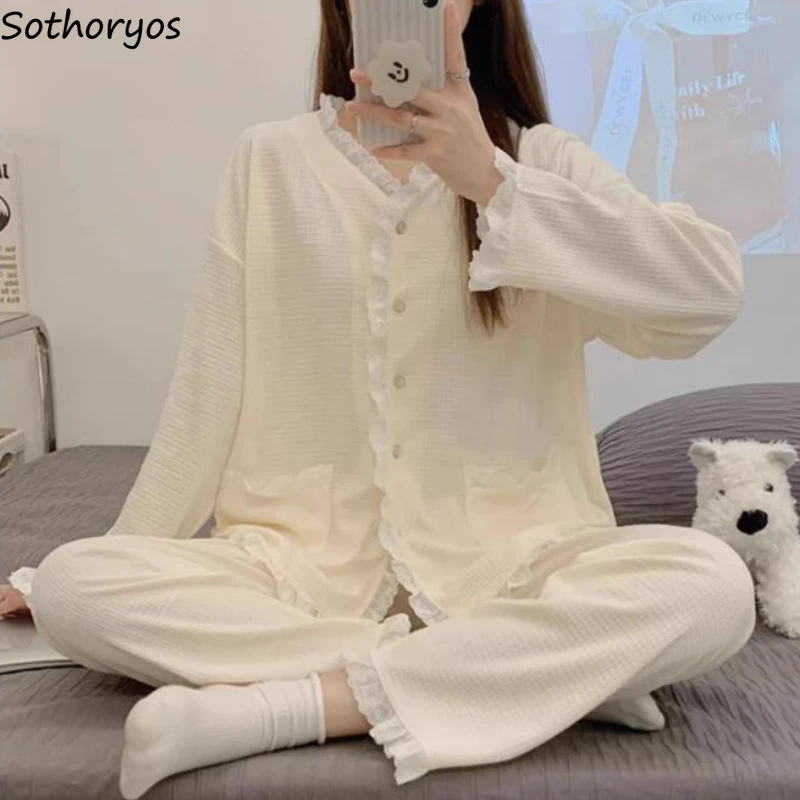 Pajama Sets Women Sweet Patchwork Aesthetic Home Tender Princess Comfort Japanese Style Autumn Sleepwear Chic Students Dormitory