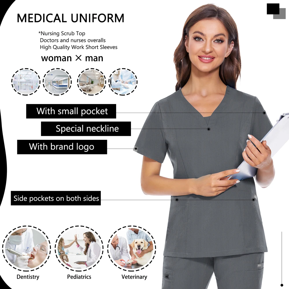 Roupas cirúrgicas respiráveis unissex, Enfermeira Scrubs Top, Roupas infantis, Acessórios Hospitalares, Top de Clínica de Enfermagem, Manga Curta, Nova Moda