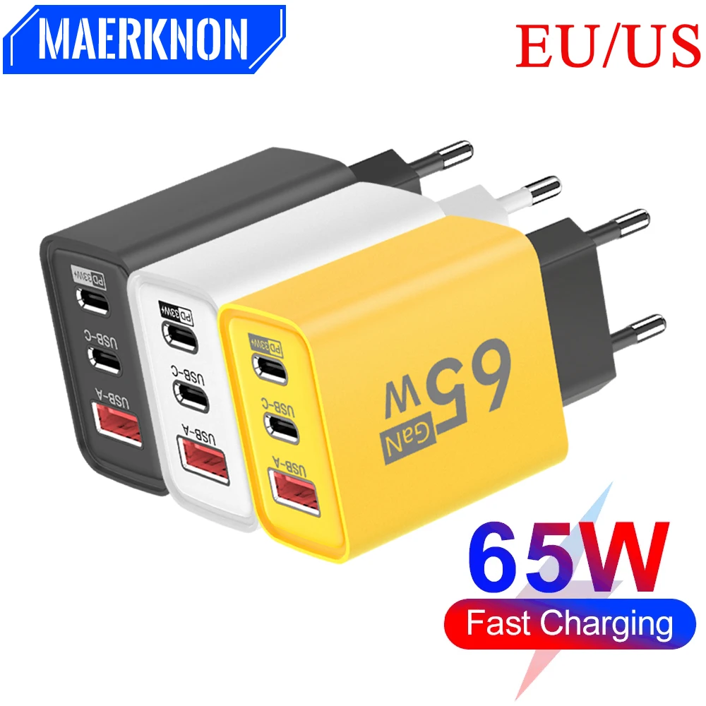 3 Ports USB Total 65W GaN Charger PD 33W Fast Charging Power Adapter Quick Charger 3.0 Type C Travel Power Adapter EU/US/UK Plug