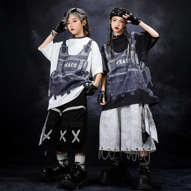 Summer Streetwear Children Boys Girls Hip Hop Loose Casual Short Sleeve T-shirt Shorts Sets Kids Tracksuits Stage Clothes