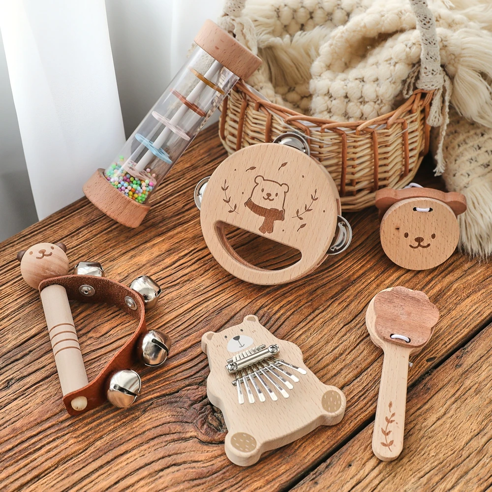 6 stück Musikinstrumente Sets Montessori Musik Baby 0 12 Monate Spielzeug Trommel Xylophon Kinder Frühe Pädagogische Holz Instrumente Spielzeug