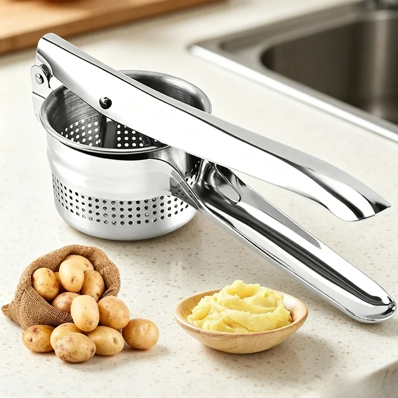 Food Grade Stainless Steel Potato Masher, Ergonomic Handle Crusher for Mashing Veggies Fruits in Daily Kitchen