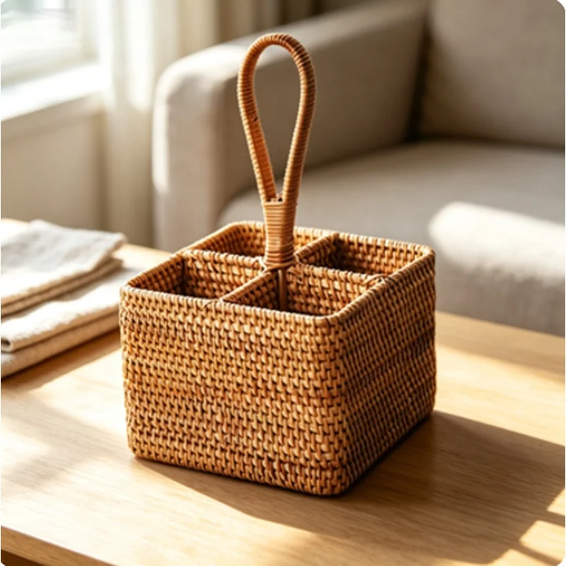 Handwoven Rattan Storage Box With Handle Remote Control Basket Cell Phone Ornament Food Container Home Office Organizer