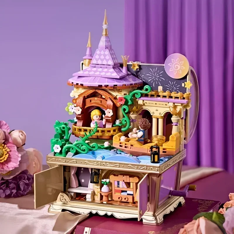 New Fairy Tale Musical Treasure Chest Building Blocks Alice Pinocchio Assembled Children's Toys Model Ornaments Holiday Gift