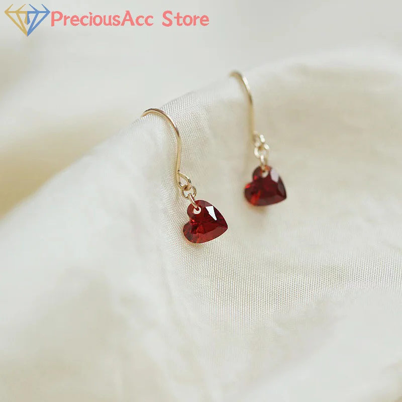 1Pair Korean Style Exquisite Wine Red Zircon Love Heart Dangle Stud Earrings For Women Simple Fashion Ear Hook Party Jewelry
