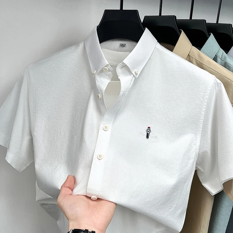 

High end brand 100% cotton short sleeve shirt fashion cartoon embroidery new summer top comfort casual luxurious men's clothing