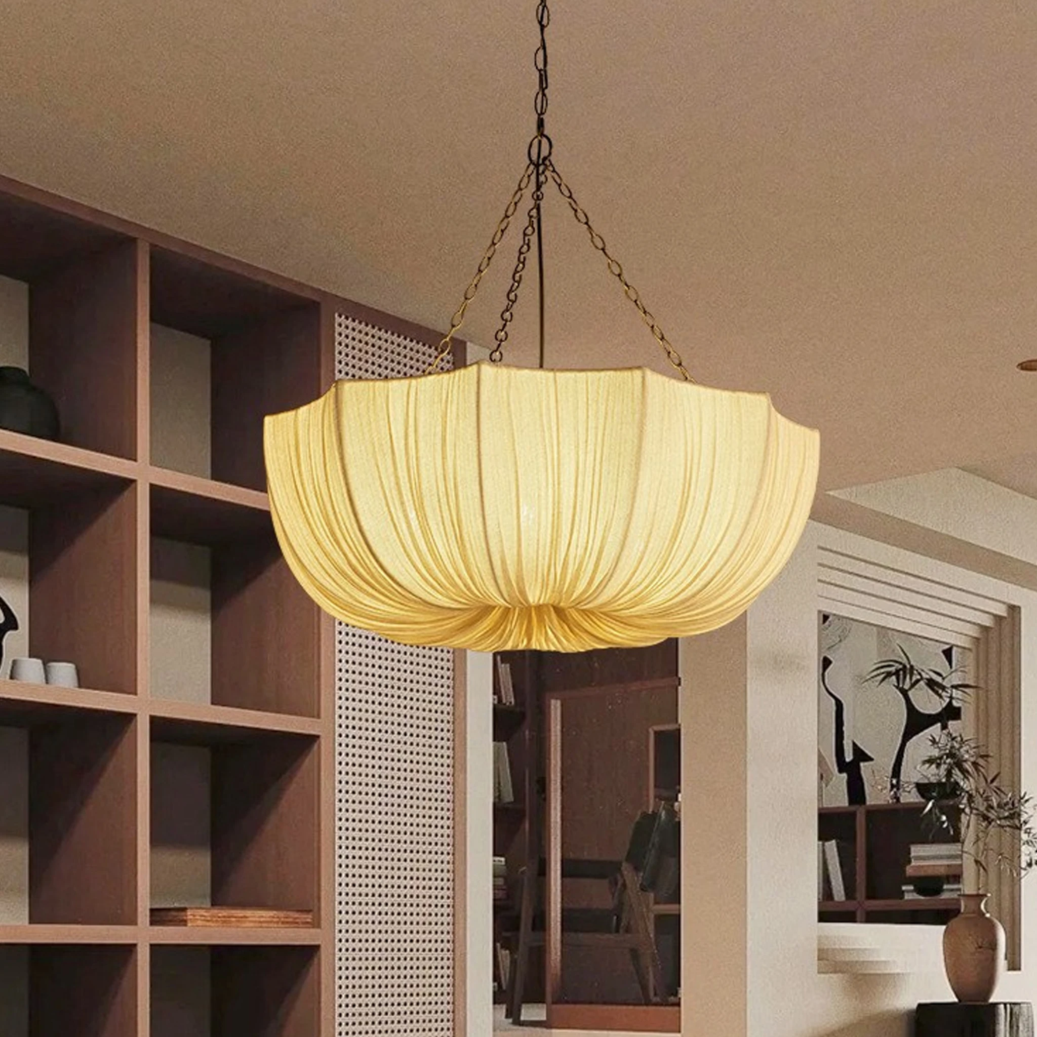 Image of Stoff-Pendelleuchte E27 Eisenketten-Deckenlampe 3-Lichter-Hängelampe für Esszimmer, Kücheninsel, Schlafzimmer, Café, Heimbeleuchtung