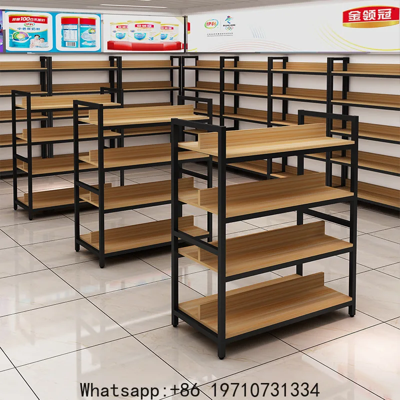 

Customized. Supermarket Shelf Island Rack Convenience Store Product Display Rack Double-Sided Cargo Steel Wood Stationery Store