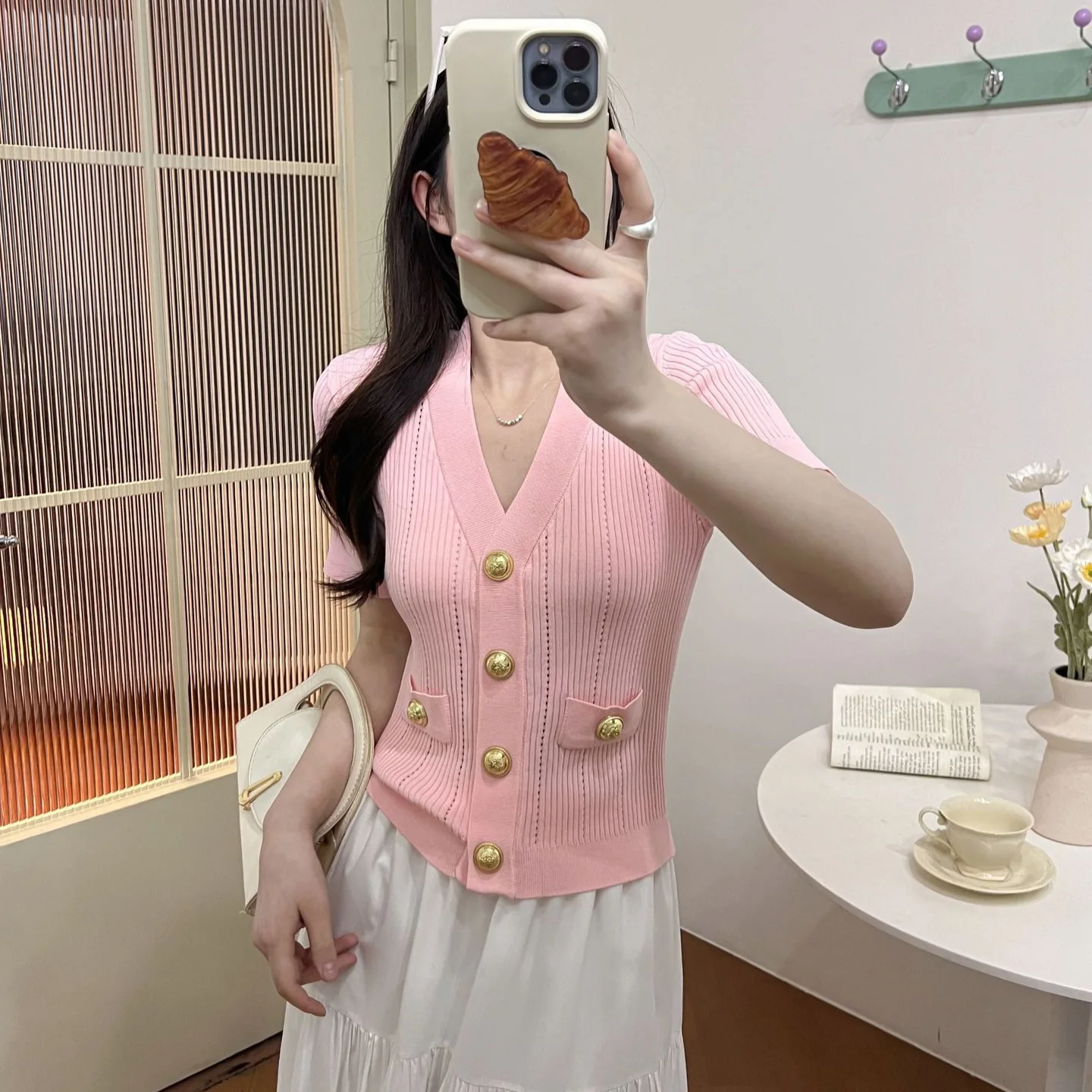 

Весна-лето 202, новый вязаный топ с V-образным вырезом, облегающий цвет ort Sve Faionable Ele Ladylike