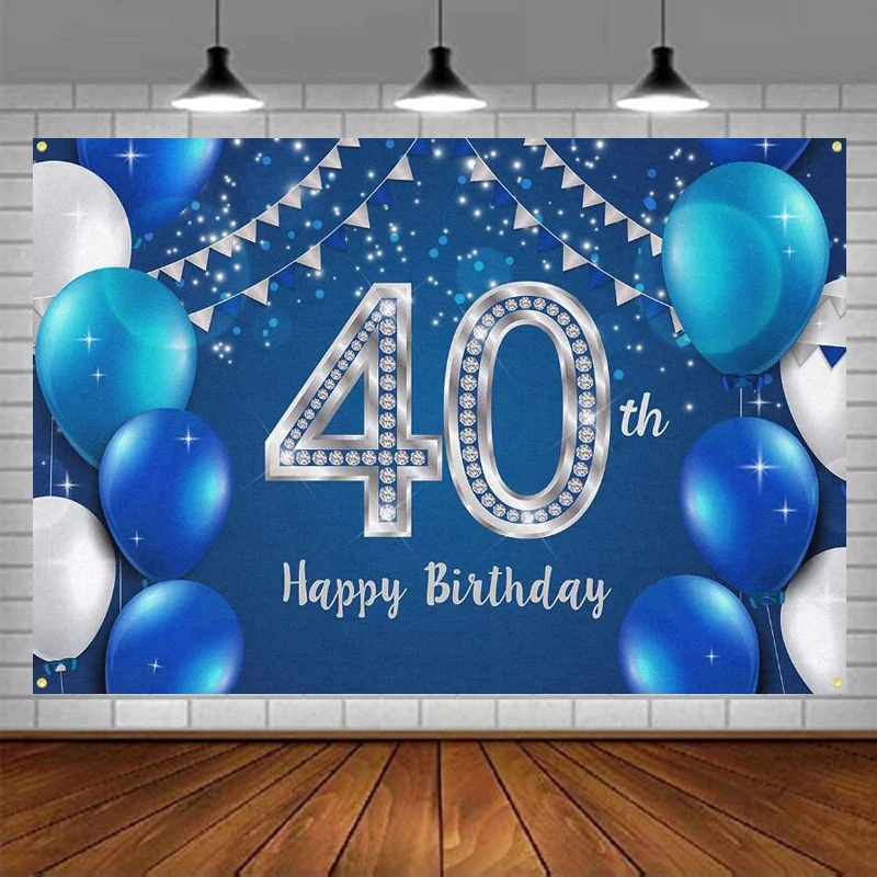 

Photography Backdrop Happy 40th Birthday Party Decorations Banner Supplies For Women Men Blue Silver Background Poster