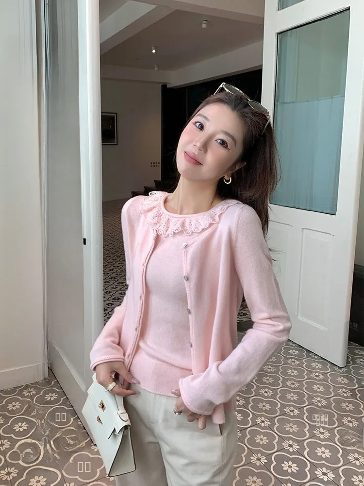 

Cheeseandkisses Chinese Sle Knitted Sweater Set with Lace Collar 00 Wool Soft Long Sve Women's Faion Spring Wear