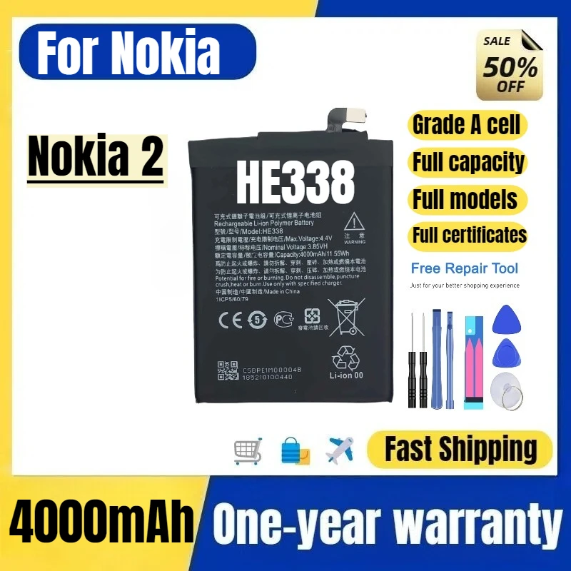 

HE338 for Nokia 2 Mobile Phone Battery High Quality High Capacity Battery Replacement Bateria Grade A Cell with Tools