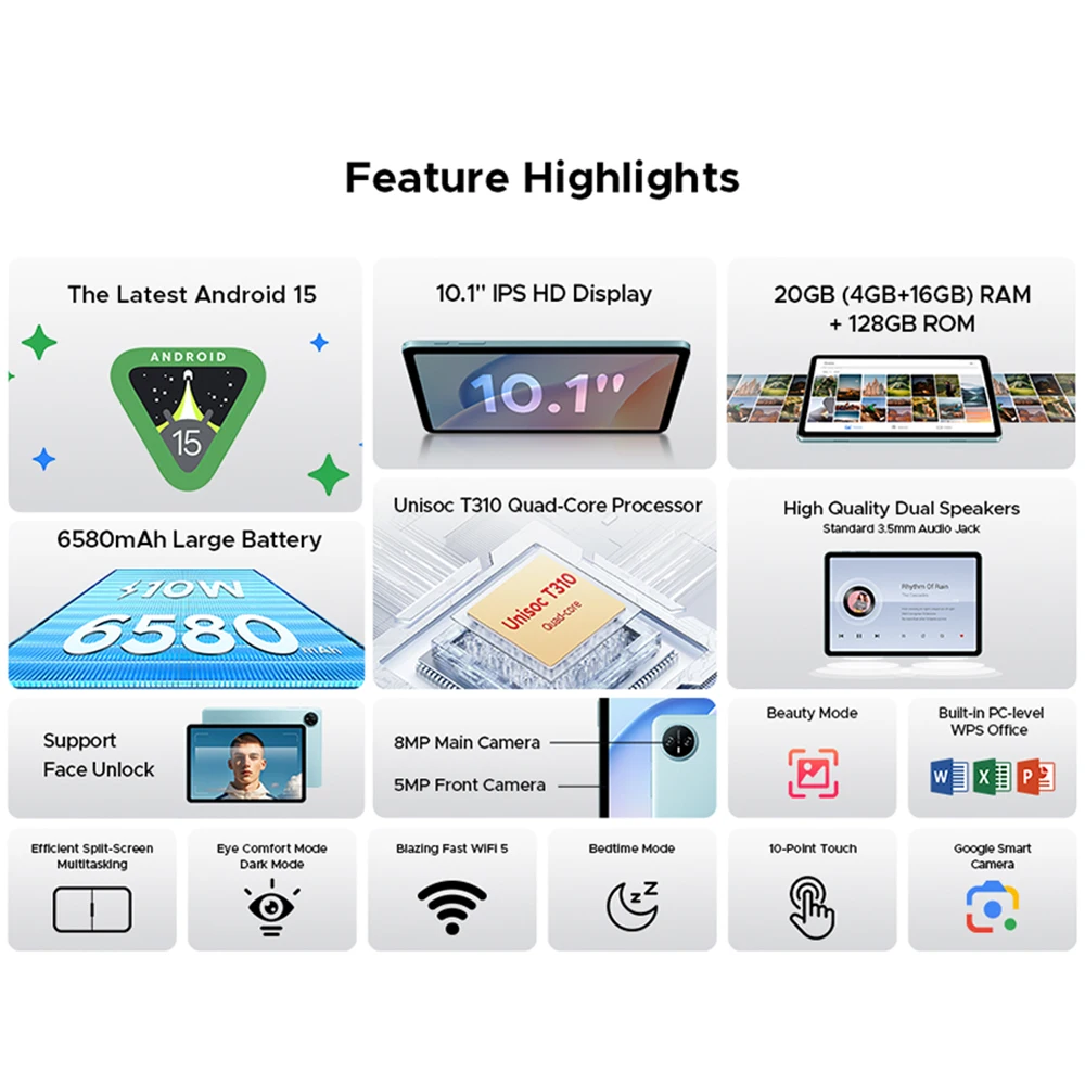DOOGEE Tab A9 Pro Tablet Display HD da 10.1" Android 15 20GB RAM 128GB ROM 6580mAh Batteria di grandi dimensioni Doppio altoparlanti 8MP + 5MP Pad PC