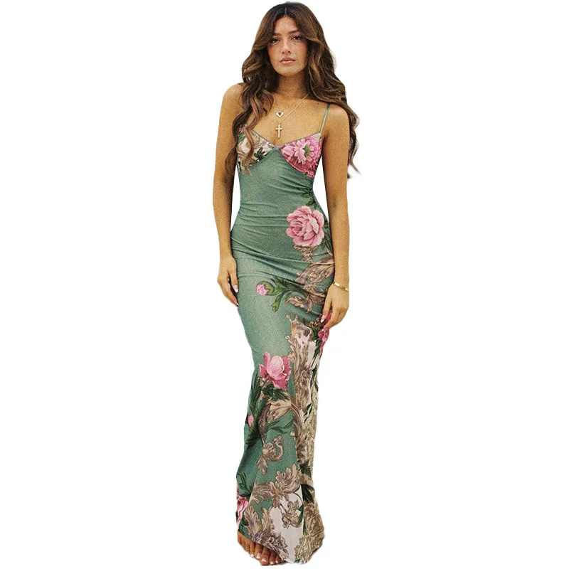 Robe Maxi moulante à imprimé Floral, Sexy, sans manches, dos nu, pour femmes, Club, fête d'anniversaire, élégante, vêtements Y2K, été