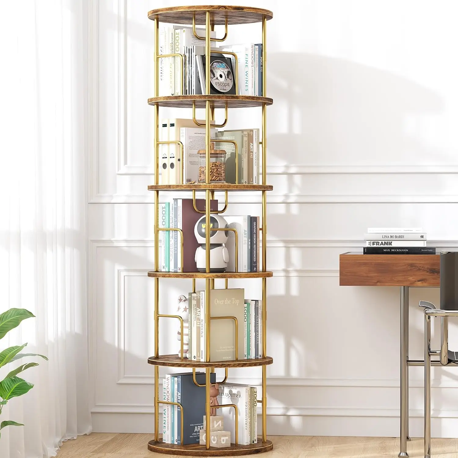 

5-Tier Rotating Bookshelf, 360° Swivel Storage Tower for Space-Saving Corner Use in Bedroom/Living Room/Office