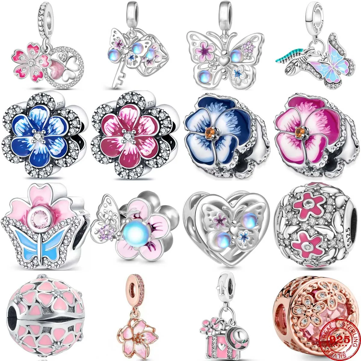 2024 New 925 Sterling Silver Pink Flower Series Dangle Pendant Beads Diy Fit Original Pendant Charms Bracelet Women Jewelry