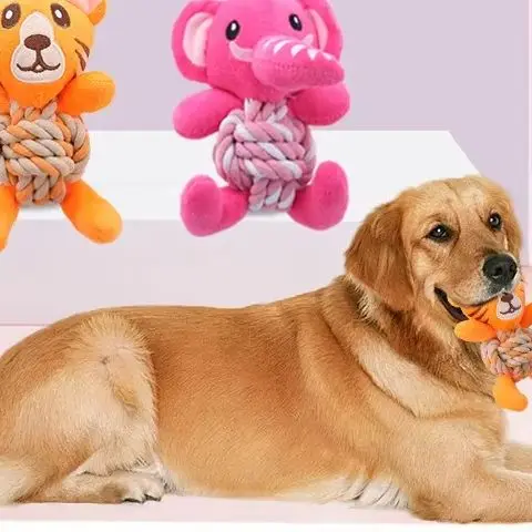 Dog Chew Cotton Rope Ball Toy, Bite-Resistant, Sound-Making Plush Dog Toy, Cute Animal-Shaped Pet Toy