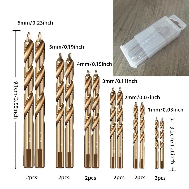 High Speed Steel Cobalt Twist Drill Bits 1~6mm 12Pcs, Sharp Cutting Drill Bit Set for Stainless Steel, Wood & Plastic