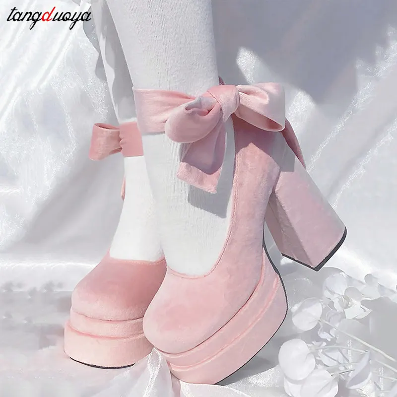 Suede Butterfly Knot Pumps Women Sweet pink Mary Jane Shoes Cross Strap Thick Heel Shoes Ladies Elegant Dress party Pumps 2024