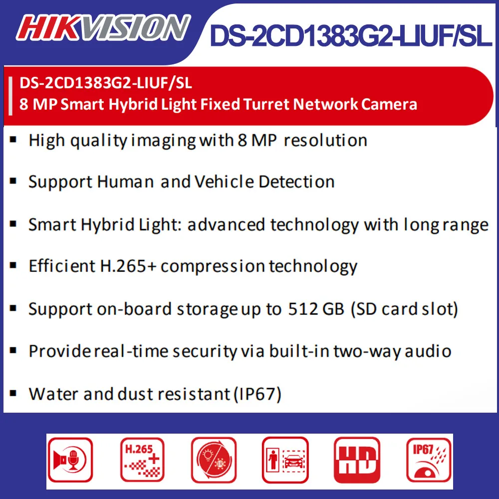 Hikvision DS-2CD1383G2-LIUF/SL 4K 8MP POE Turret Camera Dual Light AI Human Vehicle Detect Two-Way Talk IP67 Outdoor Camera