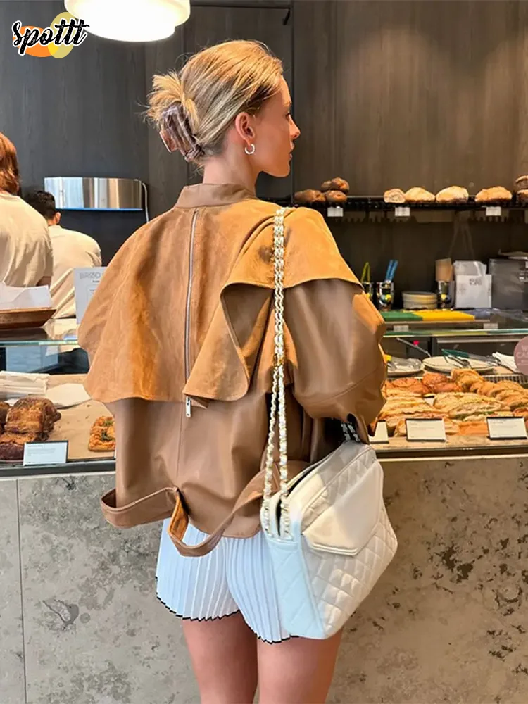 

Vintage Cloak Leather Short Jacket With Belt Women Long Sleeve Patchwork Zipper Motorcycle Coat 2024 Chic Lady Street Outerwear