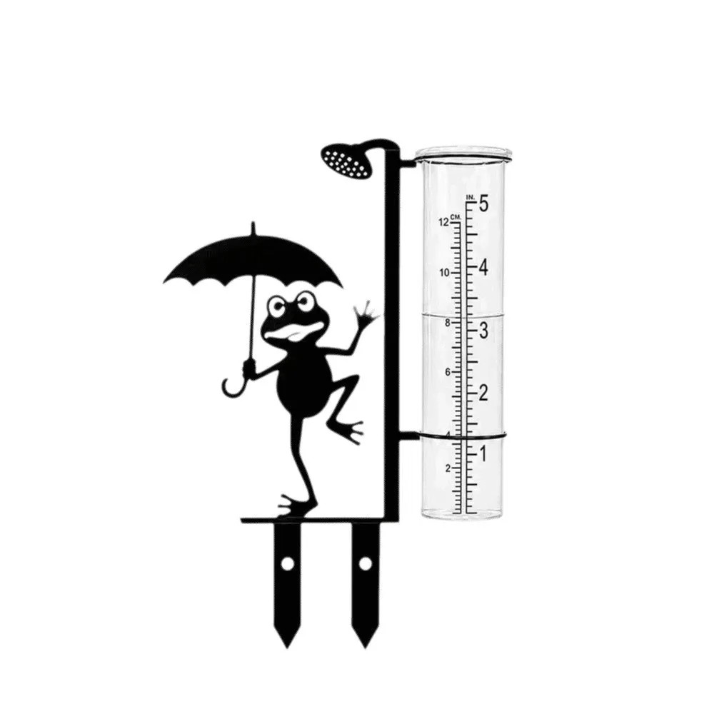 Iron Art Metal Frog Rain Gauge Stake Removable Rustproof Garden Stake Rain Water Collector Umbrella Frog Shaped with Scale