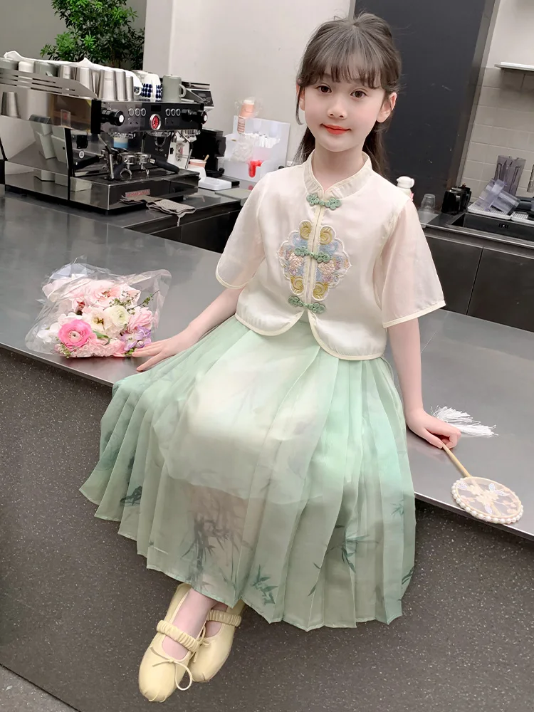 Conjunto de Verão Estilo Chinês com Estampa Floral para Meninas, Vestido e Saia em Duas Peças para Crianças Grandes, Uniforme...
