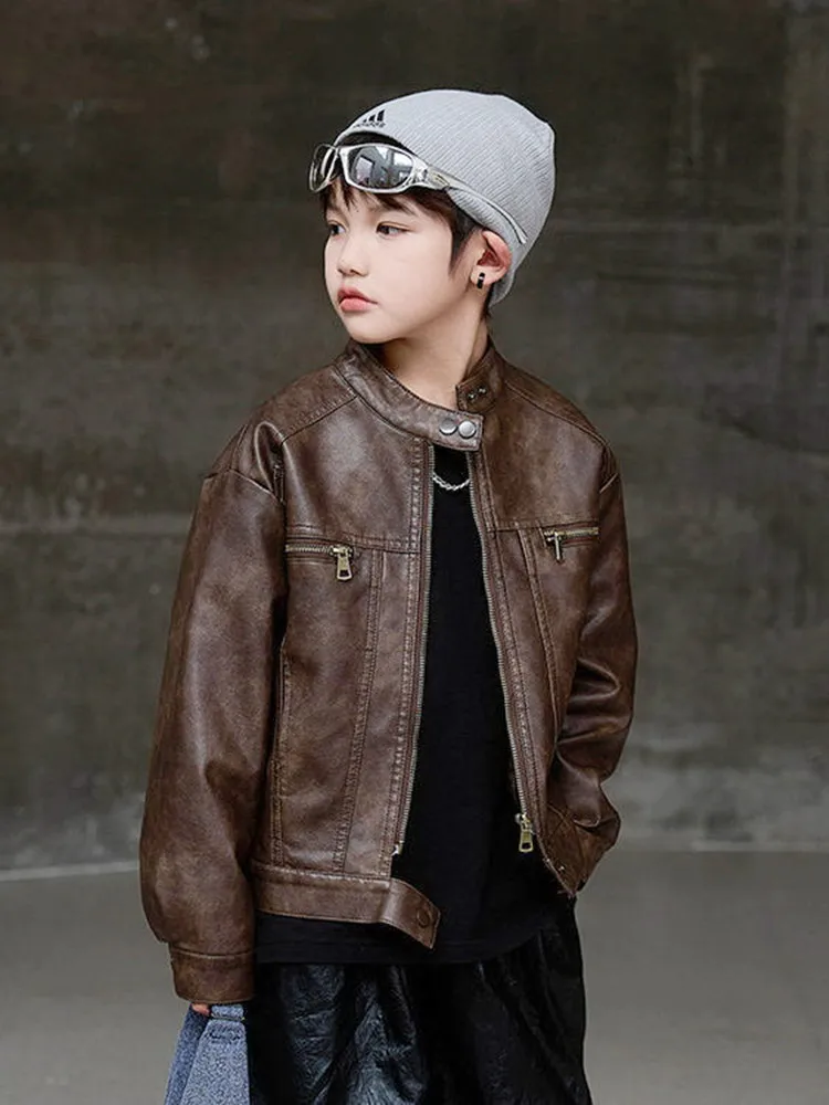 2-15Years Spring Autumn Boys Leather Jacket Waterproof Zipper Fashion PU Children's Coat Teen Street Racing Motorcycle Jacket