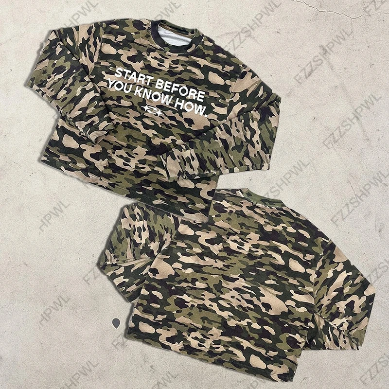 Camouflage Harajuku Stampa grafica Punk Uomo Y2k Top a manica lunga Streetwear T-shirt casual a maniche lunghe Rock Gothic Clothes Hip Hop