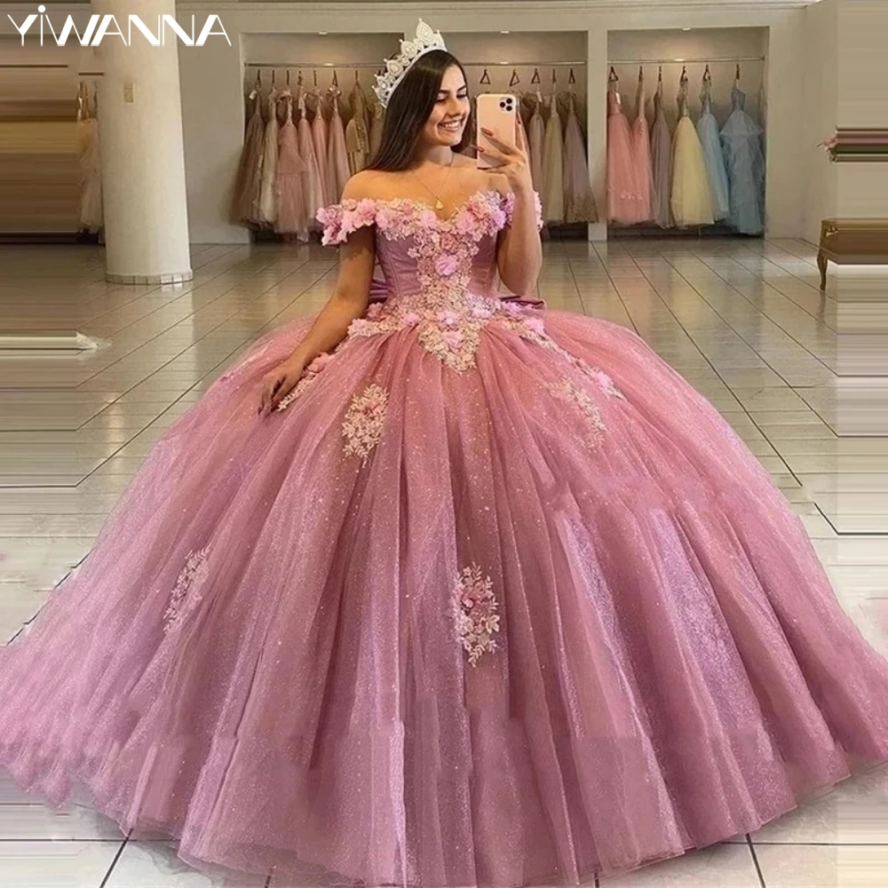 Vestidos De quinceañera con lentejuelas brillantes, vestido elegante sin hombros, flor 3D, dulce, 16 años, 15 años, fiesta De cumpleaños