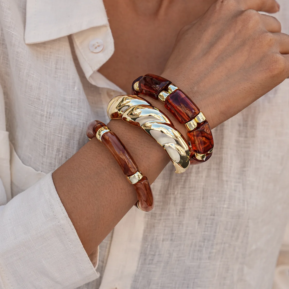 Brown Color Bamboo Tube Beads Smudging Bangles for Women Retro Acrylic Resin Bangle Elastic Bracelets Party Hand Jewelry F