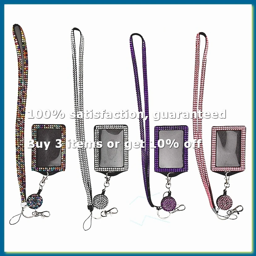 ●4 Sets Rhinestone Lanyard ID Card Holder Crystal Retractable Badge Reel Rhinestone Neck Lanyard Card Holder