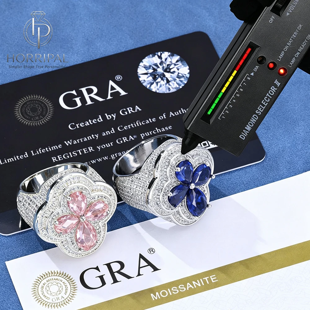 S925 Lucky Four Clover Moissanite Rings For Women Men Pink Blue Water Drop Stone Iced Out Couple Rings Jewelry Hip Hop Gifts