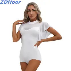 Women Ruffle Mesh Short Sleeve Dancewear Cha-Cha Latin Dance Stage Performance Costume Mock Neck Self-Tie Keyhole Back Bodysuit