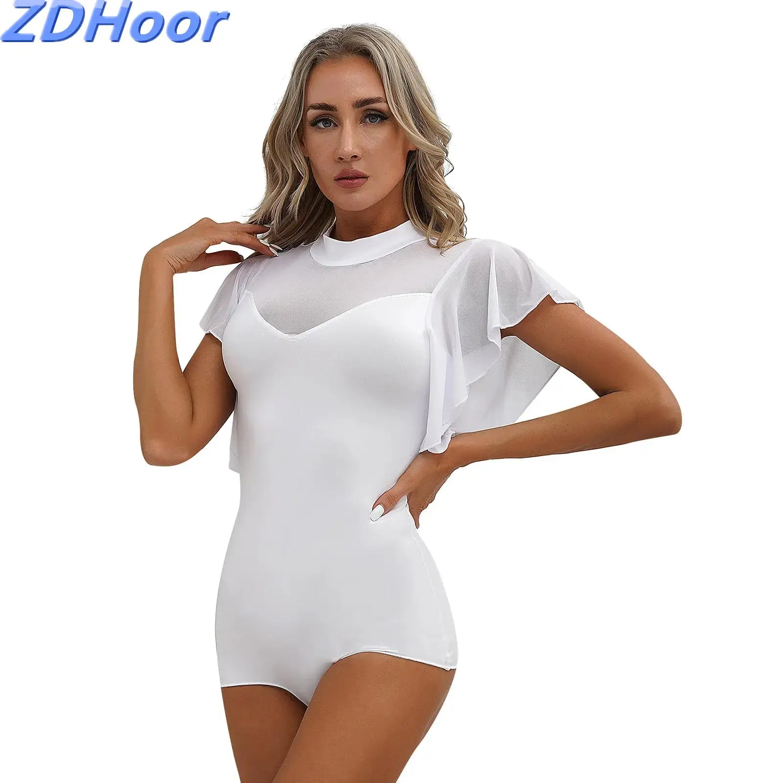 Women Ruffle Mesh Short Sleeve Dancewear Cha-Cha Latin Dance Stage Performance Costume Mock Neck Self-Tie Keyhole Back Bodysuit