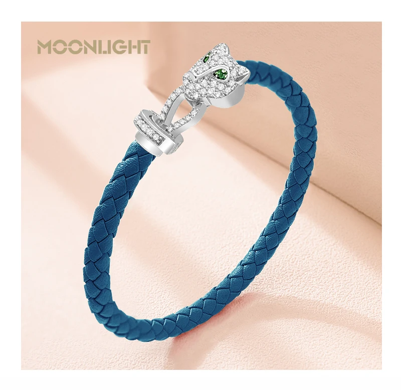 MOONLIGHT Classic Design Exquisite Cheetah Zircon Bracelet for Women Braided Leather Bracelet Quality Banquet Couples Gift