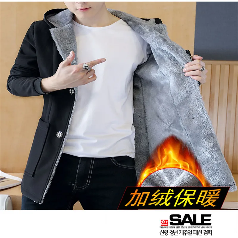 

Men 's Fashion Warm Hoodie Jacket 2023 Winter MenTrench Coat Plus Velvet Thickening Slim Fit Wool Overcoat Trench Coat