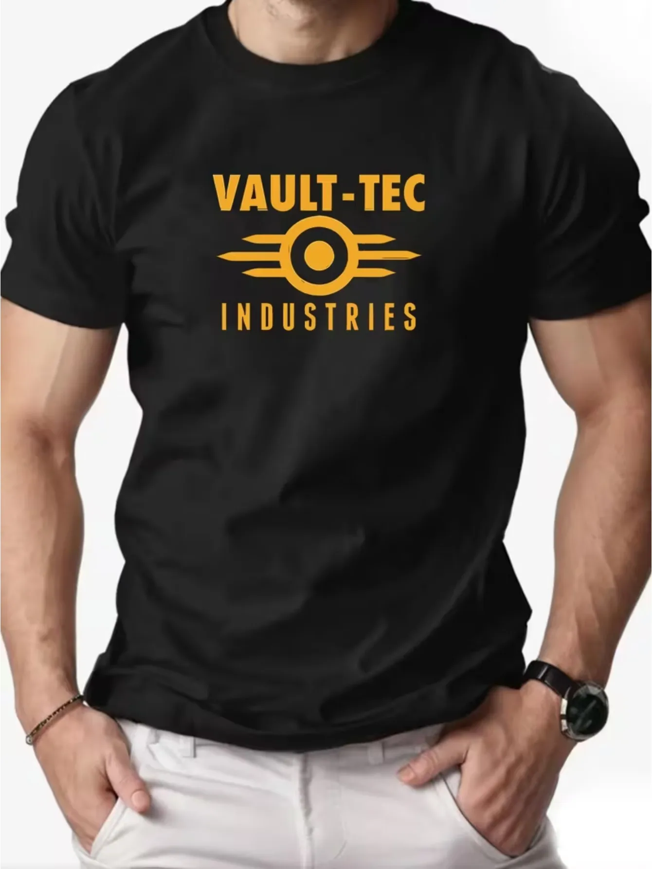 VAULT-TEC Heren T-shirt met patroon |   Diepgrijs met opvallend Vault-Tec-logo, lichtgewicht zomerkleding voor volwassenen en tieners