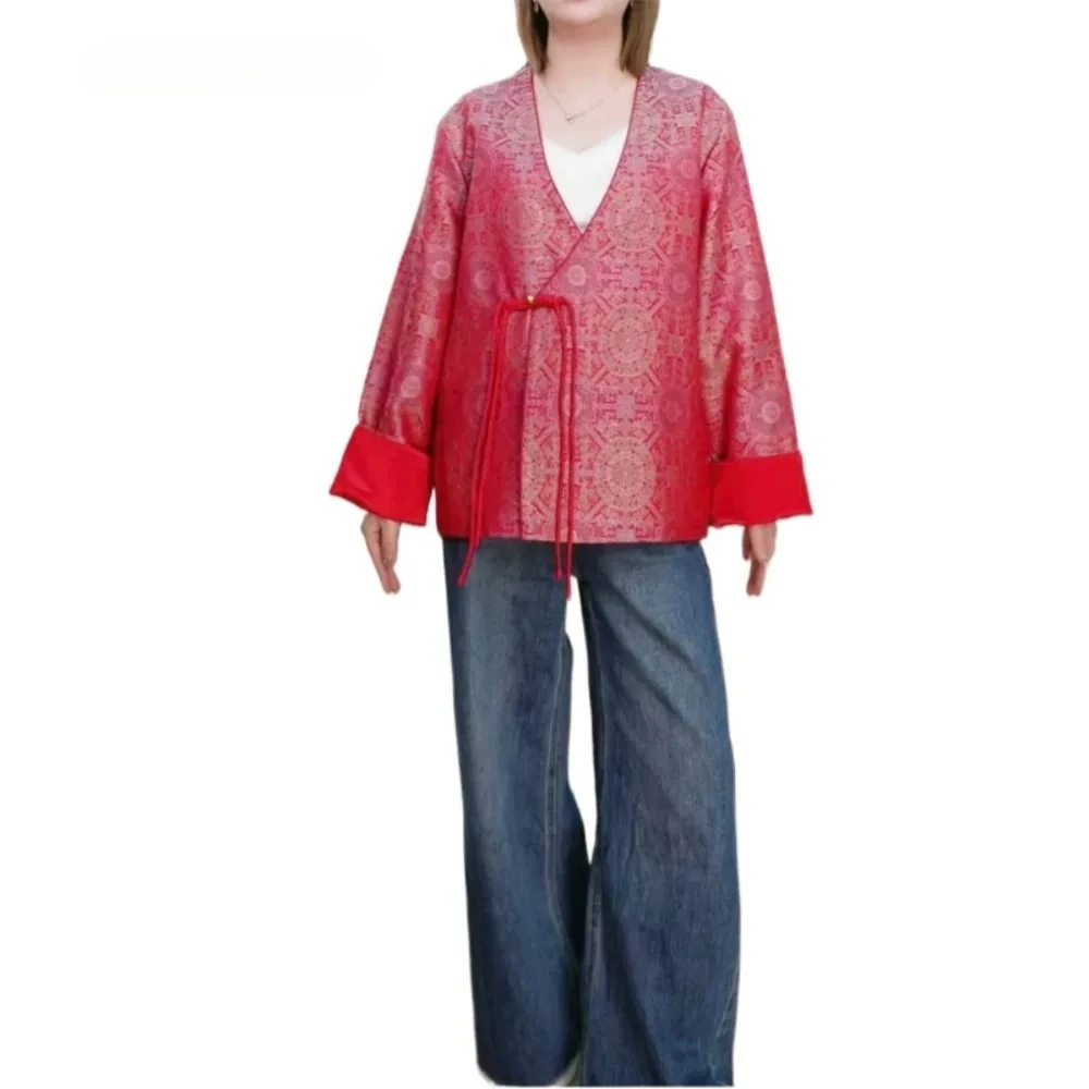 Damesmode Herfstkleding Pioen Gedrukt Natuurlijke Moerbei Zijde Lied Brokaat Diagonale V-hals Nieuwe Chinese Stijl Jas