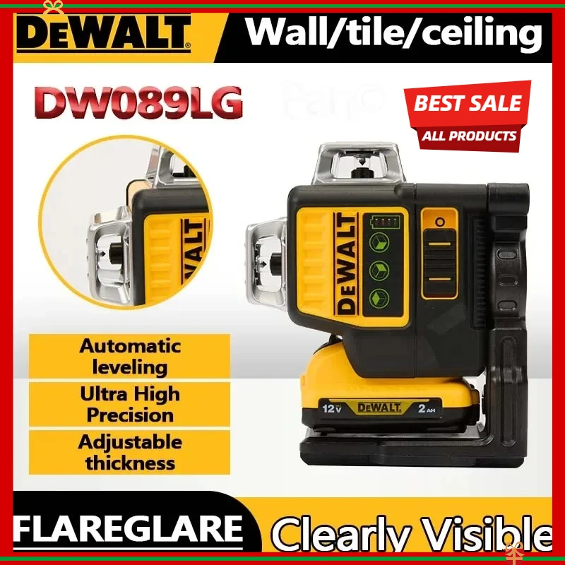 

Лазерный уровень Dewalt DW089LG с 3-мя плоскостями проекции (360 градусов), зеленым лучом, для вертикальных и горизонтальных линий, для наружных работ, литиевая батарея 12В