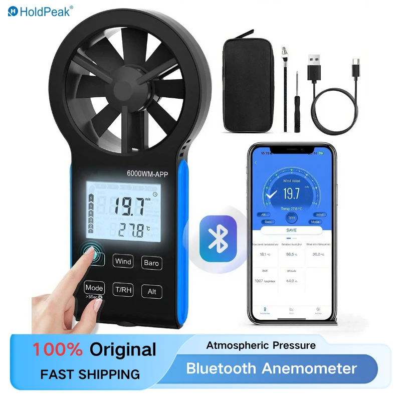 

Bluetooth Anemometer - Handheld Wind Speed Meter with Atmospheric Pressure, Temperature, RH, Dew Point, and Wind Chill Measure