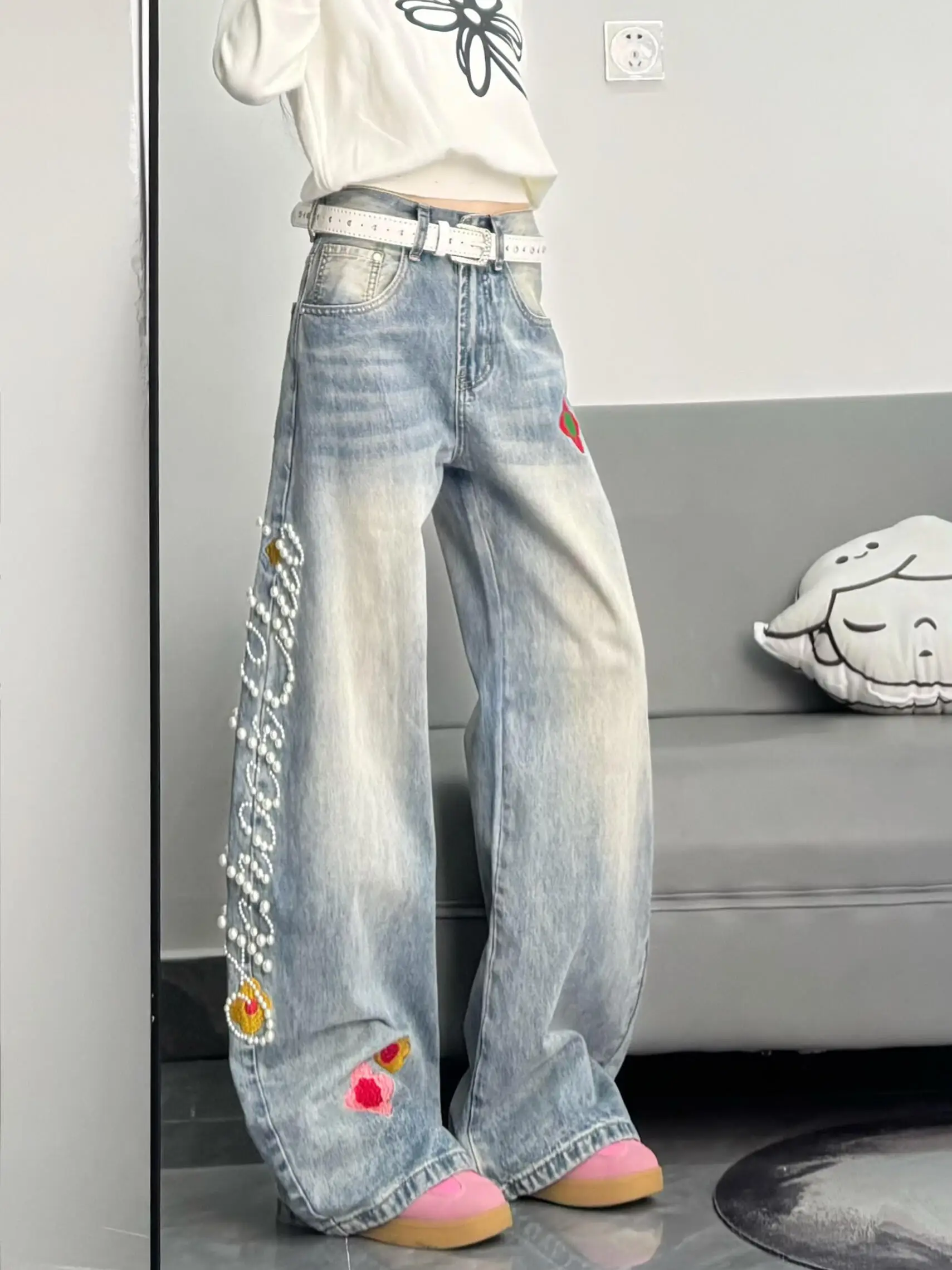 

American Retro Embroidered Button High Waist Women's Jeans Knife Loose Wide Leg Floor Length Pants Casual Style