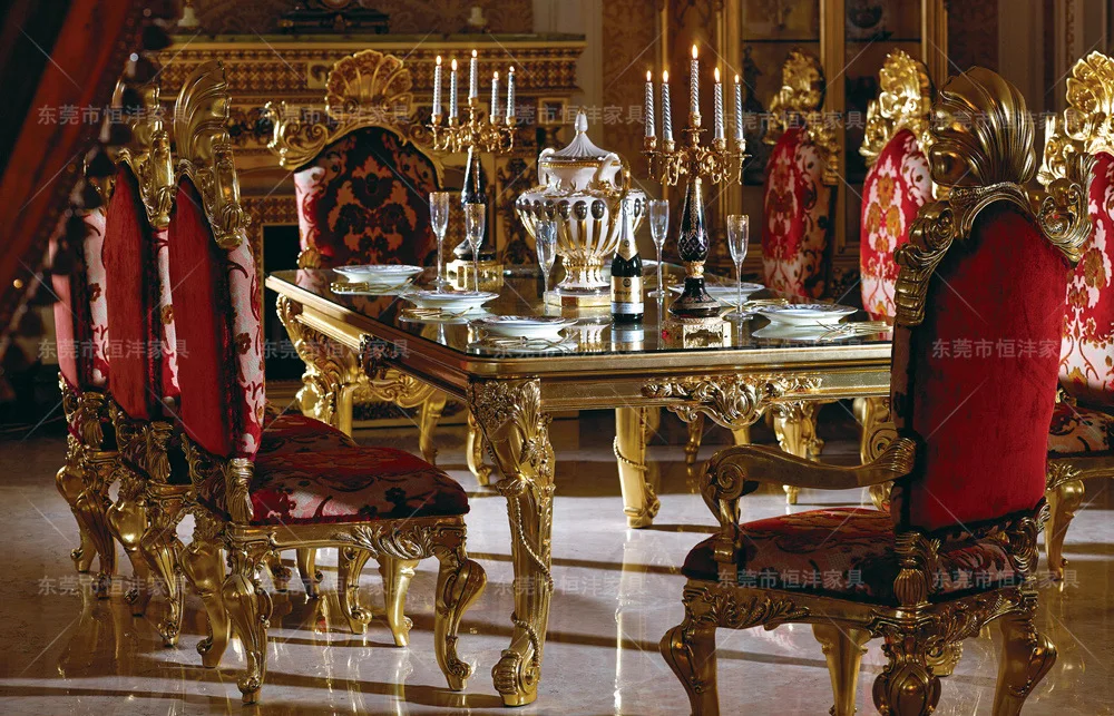 French solid wood carved table European-style villa palace restaurant luxury gold foil table cloth dining chair combination furn