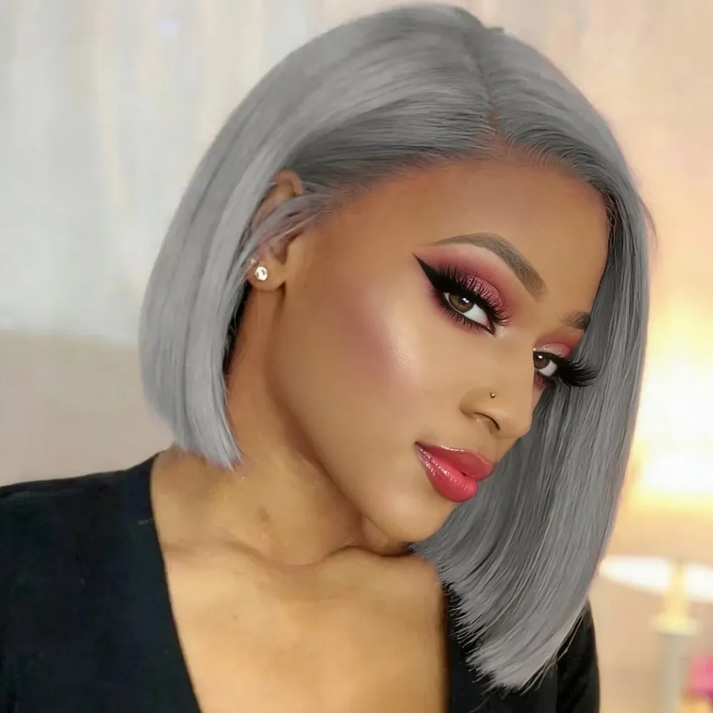 

Парик из натуральных волос 13X4 HD Lace Front, серый, фасон боб, плотность 200%, с детским волосом, для женщин